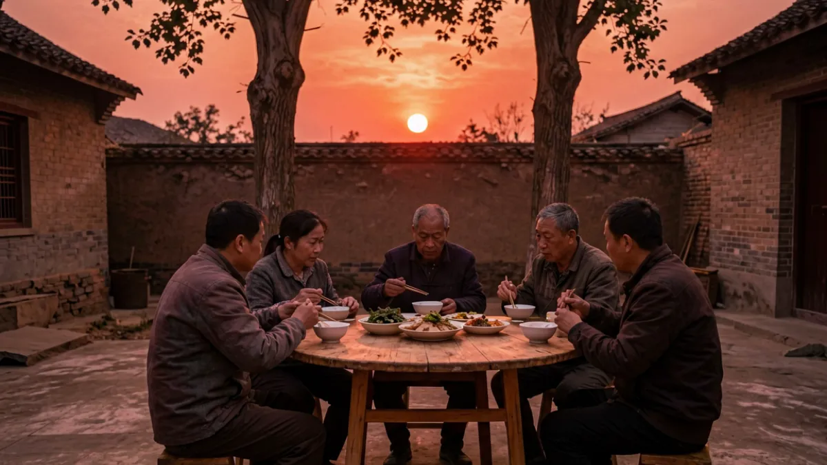 傍晚夕阳下一家人在庭院中吃饭，画面温馨却隐藏着叙事张力